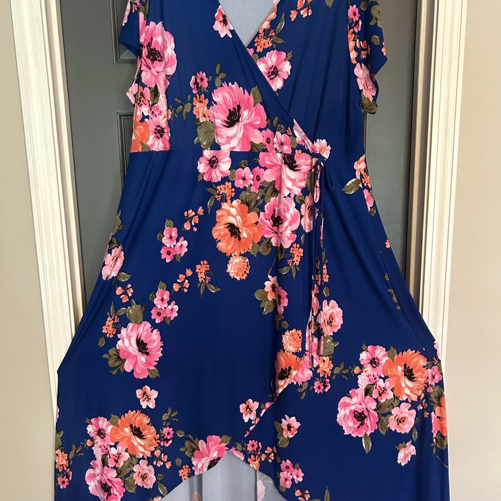 Floral Wrap Summer high low Dress in Blue with Pink & Coral Flowers super comfy - Picture 3 of 7